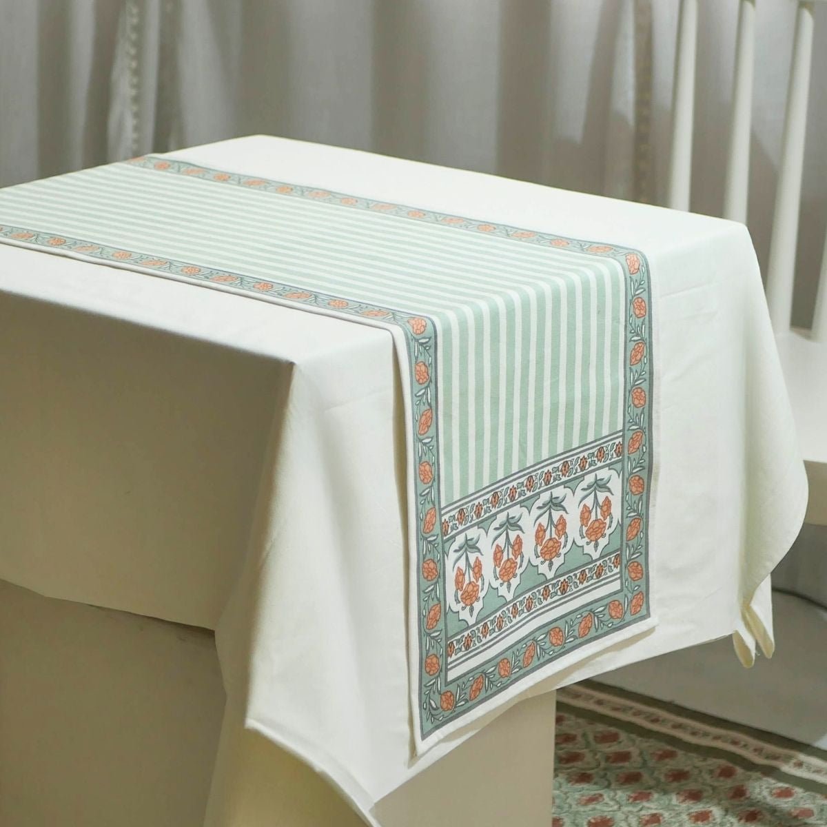 Cotton Table runner in Green and Dusty Pink | 4 and 6 Seater