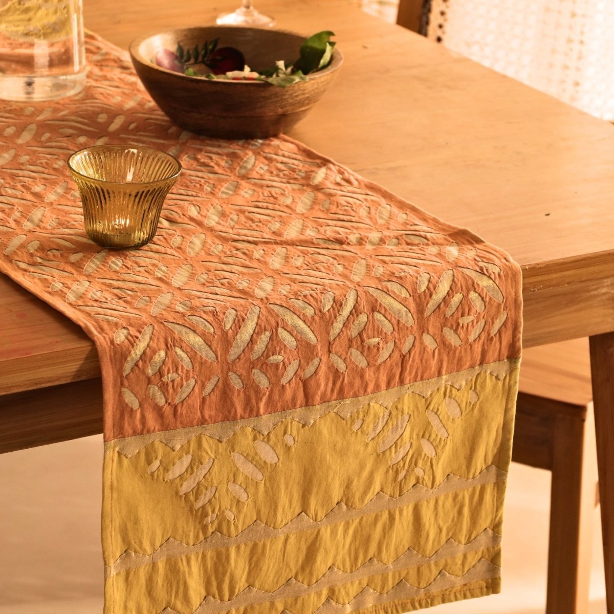 Coral and Mustard Cotton Dining Table Runner in Applique technique