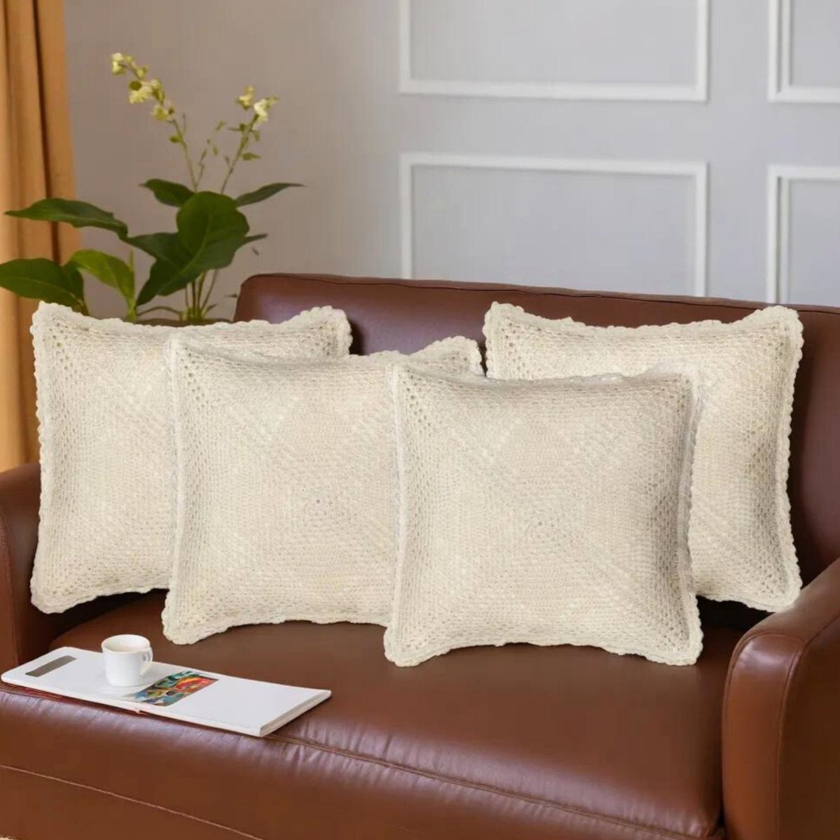 Crochet Cushion Cover in Pure Cotton with a Geometric Pattern In White |16 x 16 inch| Single or Combos available