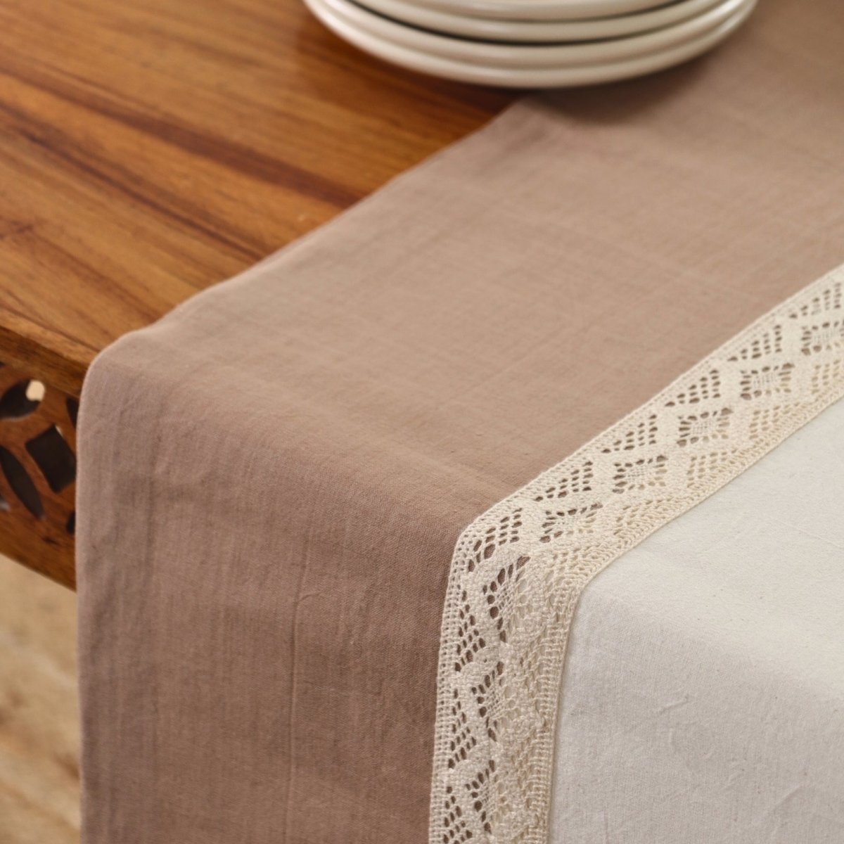 Crochet Table Runner in Pure Cotton Taupe and Off White 14 by 60 inches Taupe and Off White