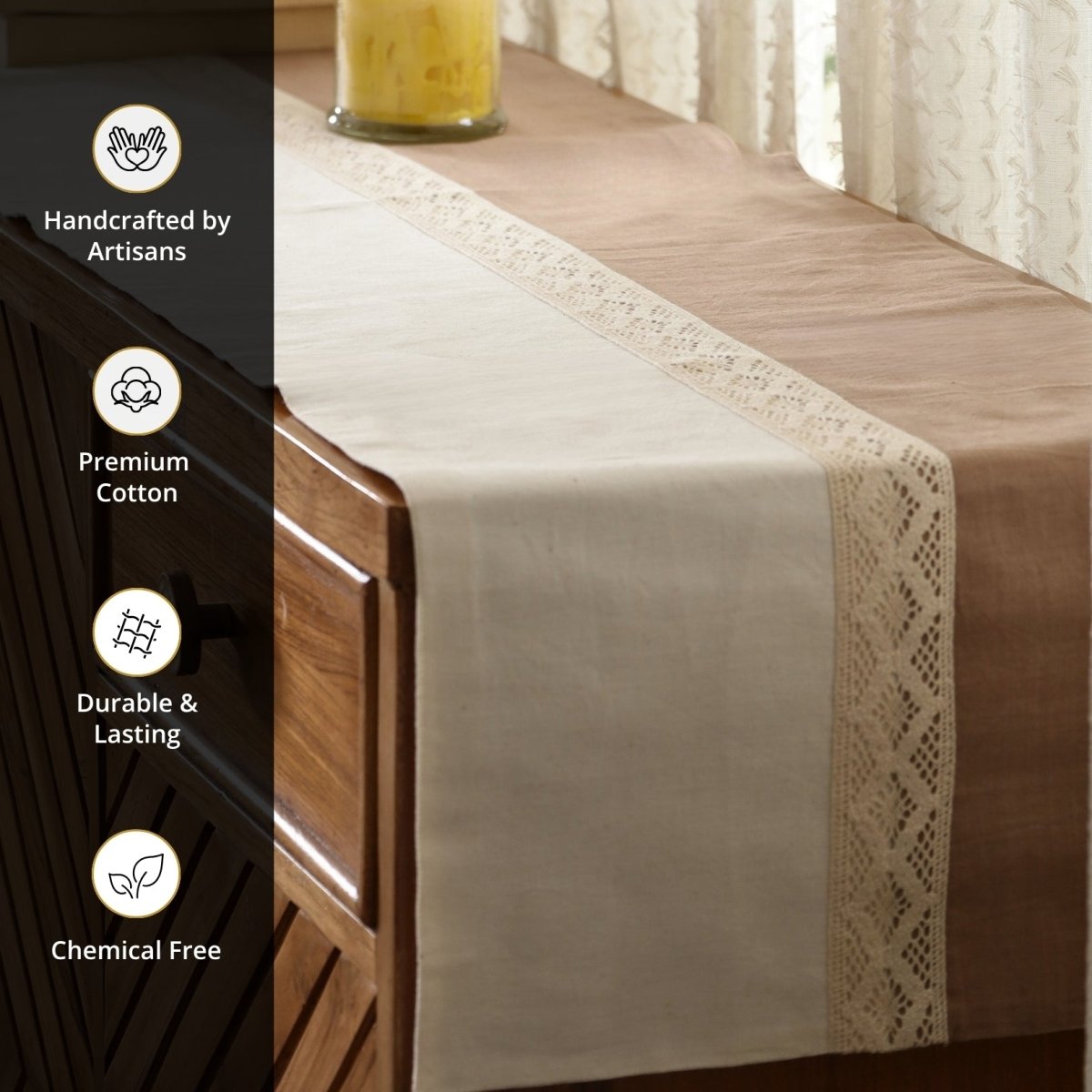 Crochet Table Runner in Pure Cotton Taupe and Off White 14 by 60 inches Taupe and Off White