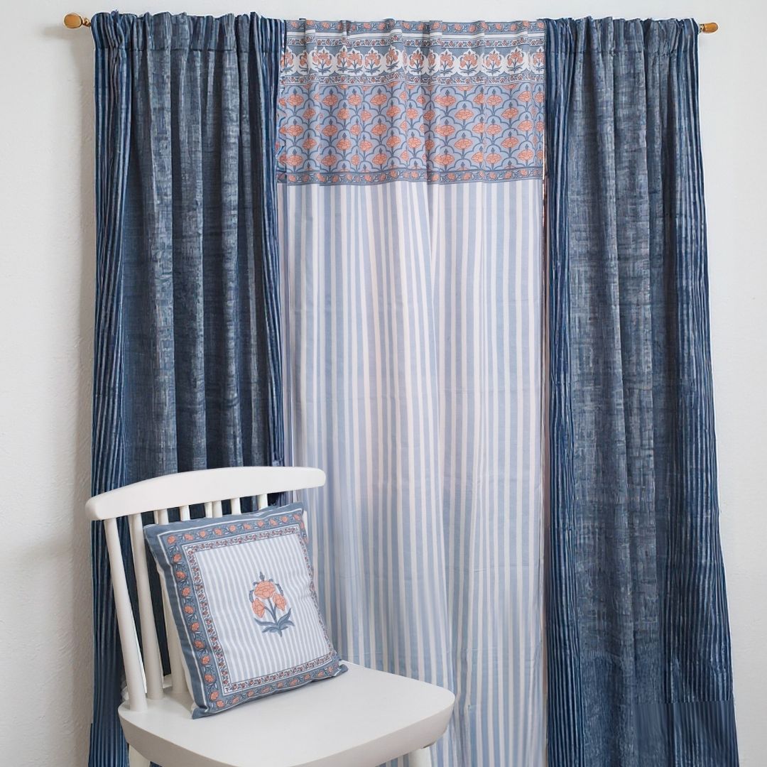 Pure Cotton Sheer Curtains Dusty Pink & Blue | Peepul Tree 7ft | Set of 3 curtains