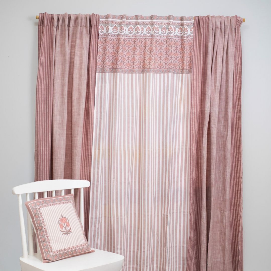 Pure Cotton Opaque Curtains Dusty Pink & Off White | Peepul Tree | 7ft | Best curtain for living room