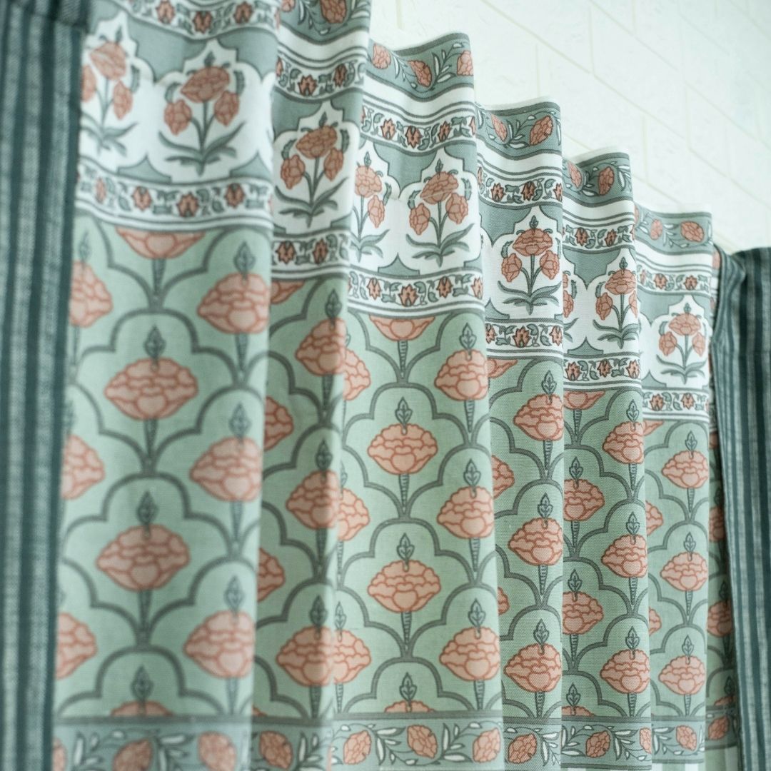 Pure Cotton Opaque and sheer Curtains set in Dusty Pink & Green | Peepul Tree | 7ft available in set of 3