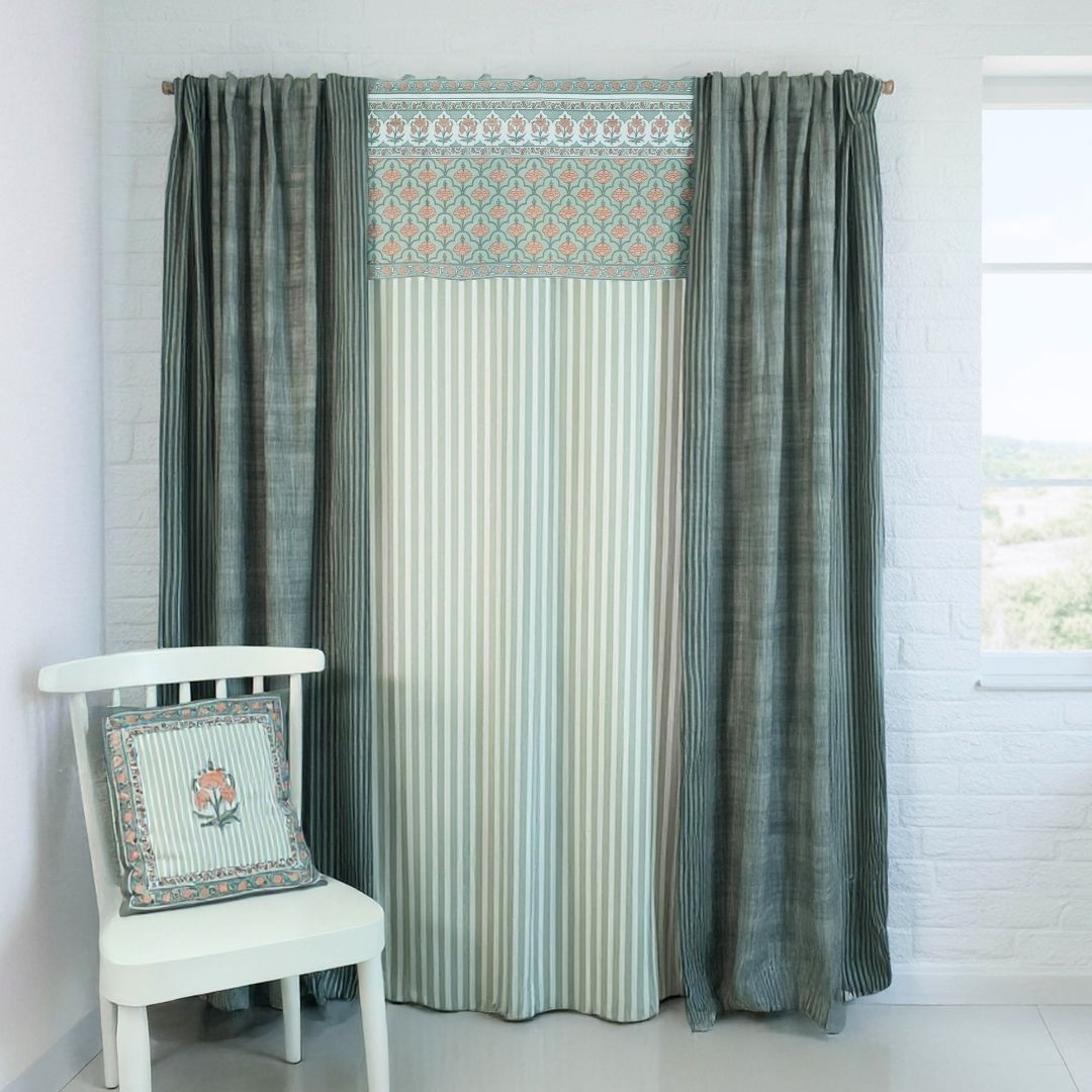 Pure Cotton Opaque and sheer Curtains set in Dusty Pink & Green | Peepul Tree | 7ft available in set of 3