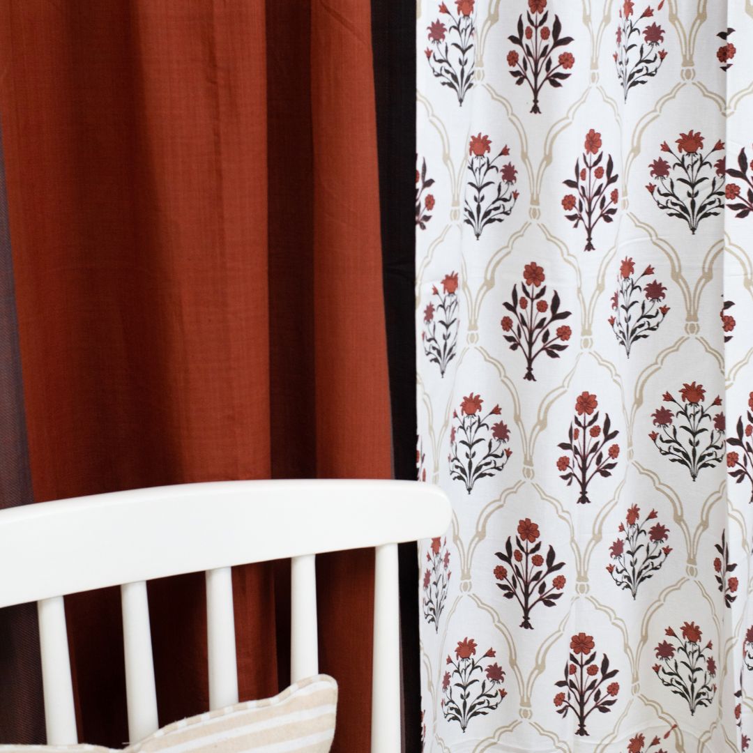 Cotton Sheer Curtains Rust & Maroon | Peepul Tree | Set of 3 Curtains | Best for home decor