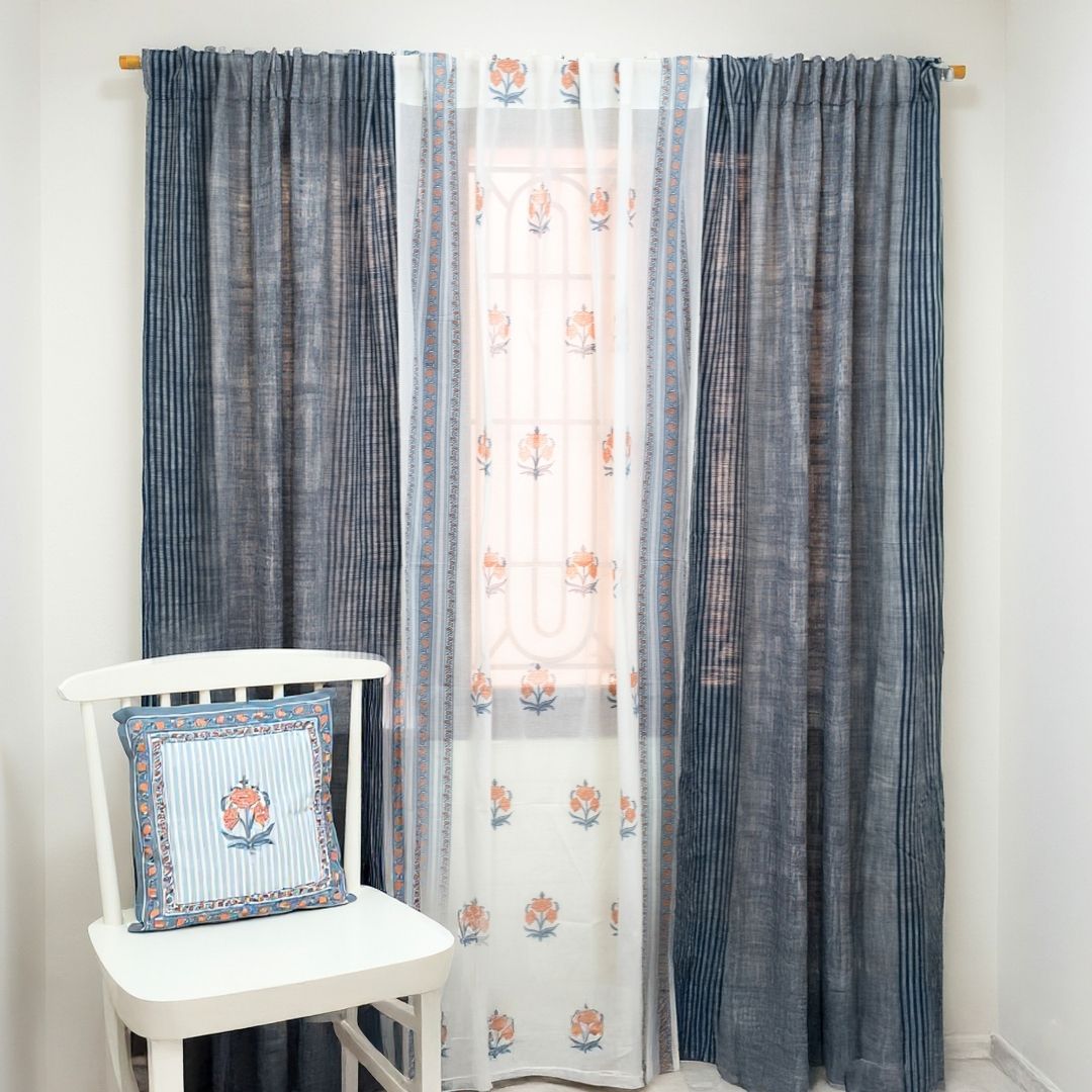 Pure Cotton Sheer Curtains Dusty Pink & Blue | Peepul Tree 7ft and 8ft| Set of 3 curtains