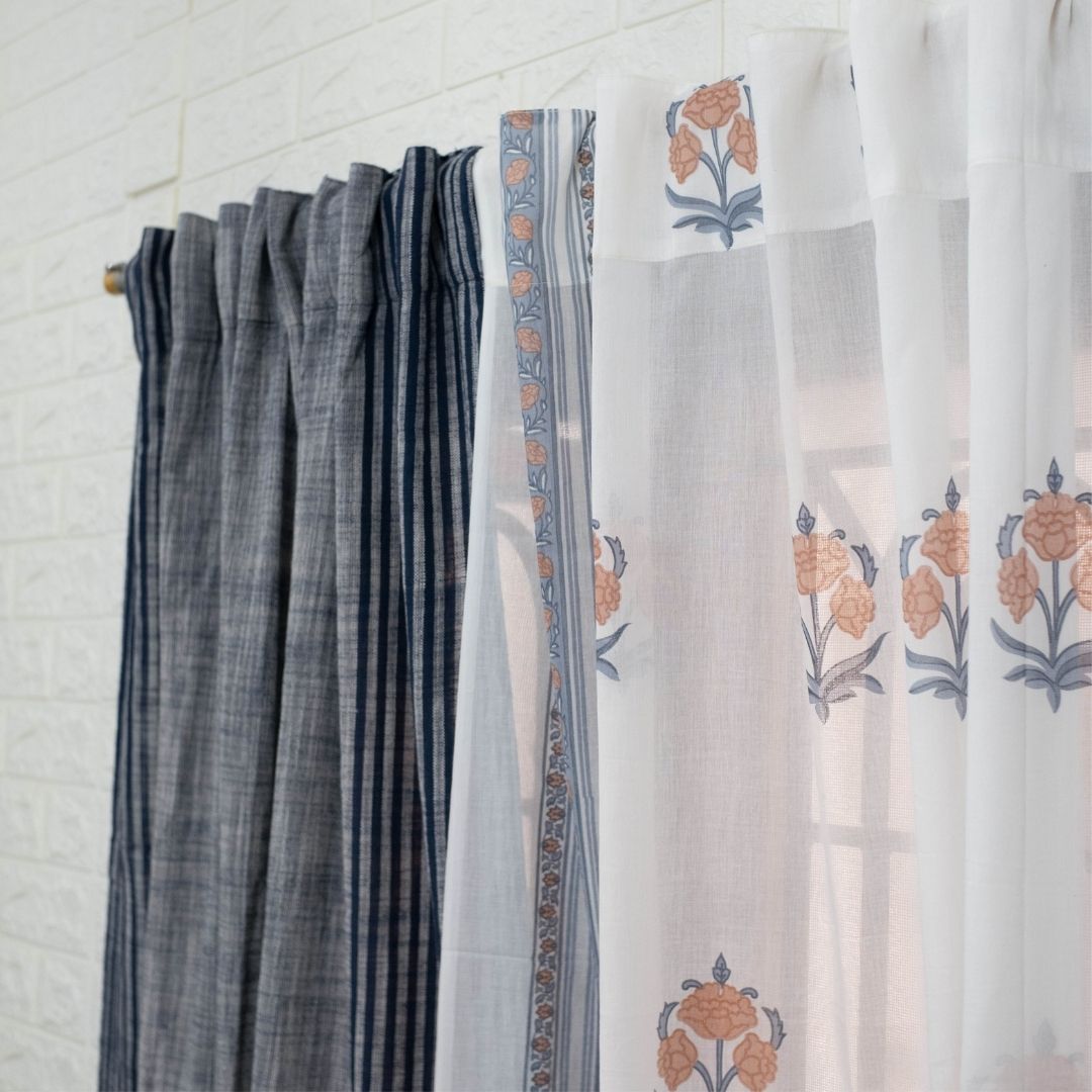 Pure Cotton Sheer Curtains Dusty Pink & Blue | Peepul Tree 7ft and 8ft| Set of 3 curtains