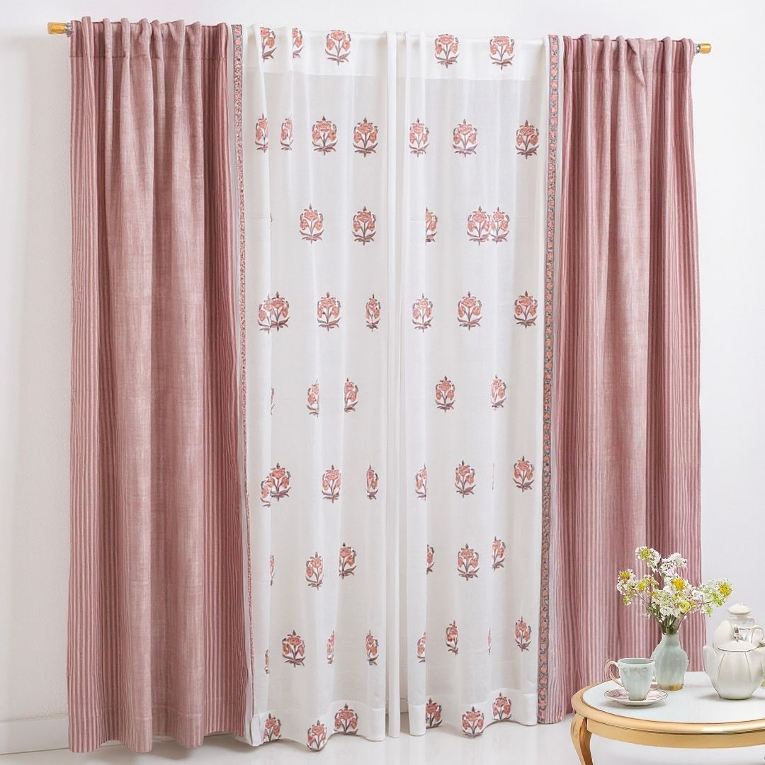 Mulmul Cotton Sheer Curtains Dusty Pink & Off White | Peepul Tree