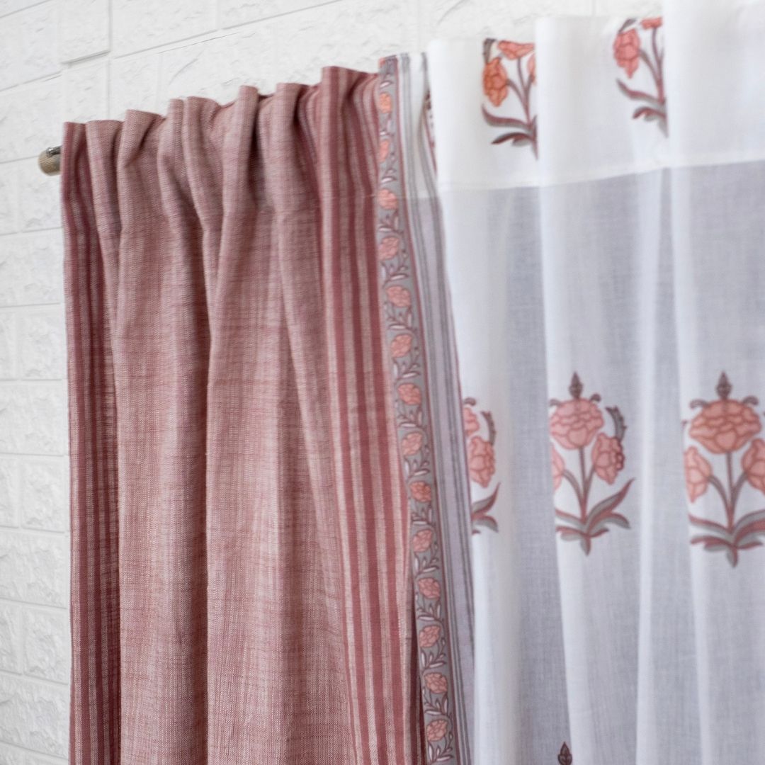 Mulmul Cotton Sheer Curtains Dusty Pink & Off White | Peepul Tree