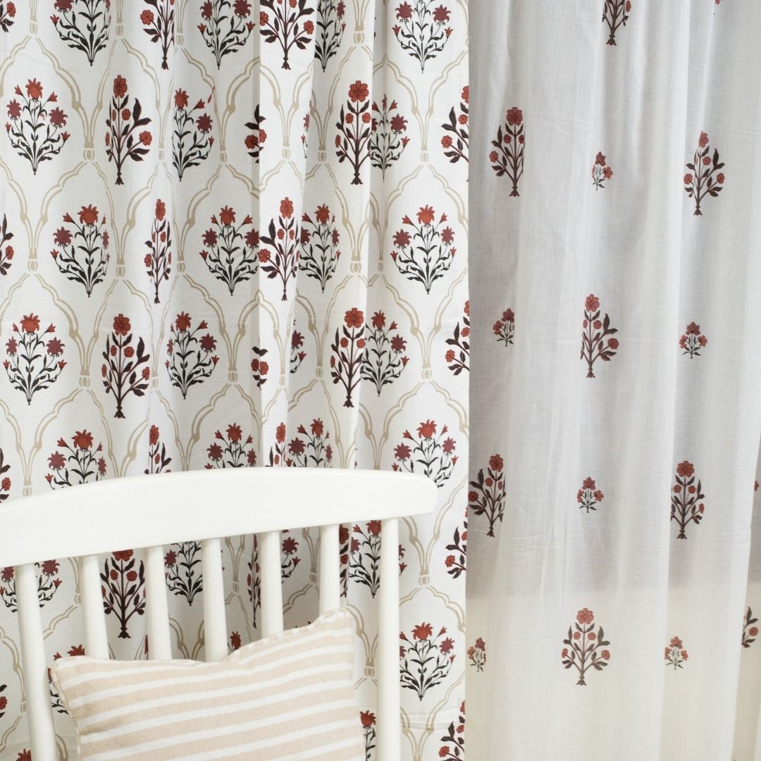 Cotton Sheer Curtains Rust & Maroon | Peepul Tree | Set of 4 Curtains | Best for home decor