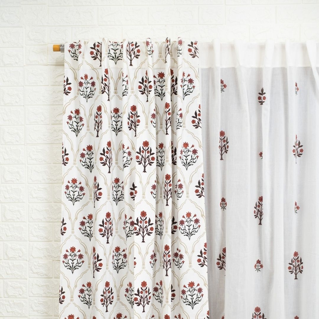Cotton Sheer Curtains Rust & Maroon | Peepul Tree | Set of 4 Curtains | Best for home decor
