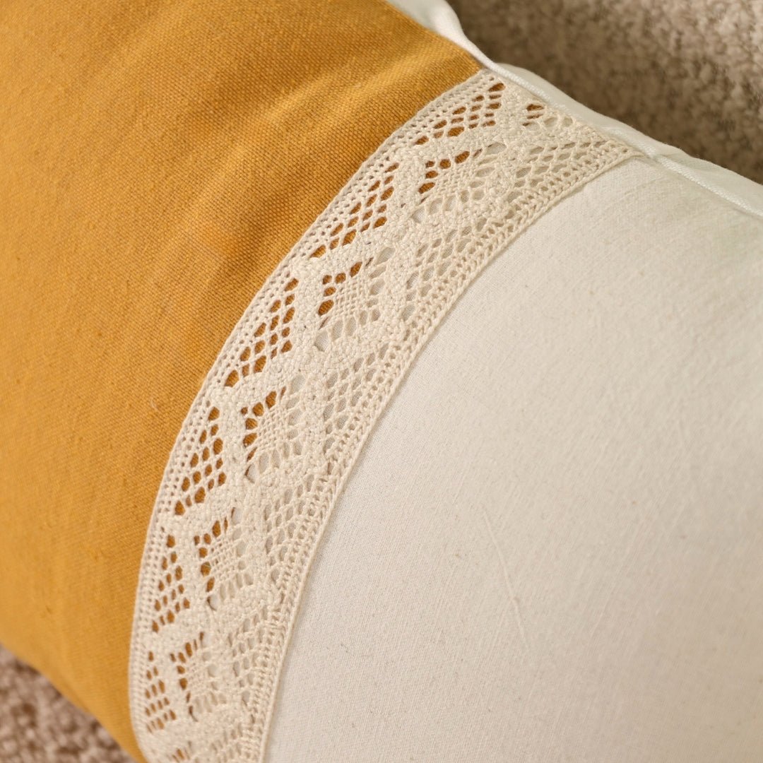 Rectangular Pure Cotton Crochet Cushion Cover in Mustard and Off White | Set of 1 and 2