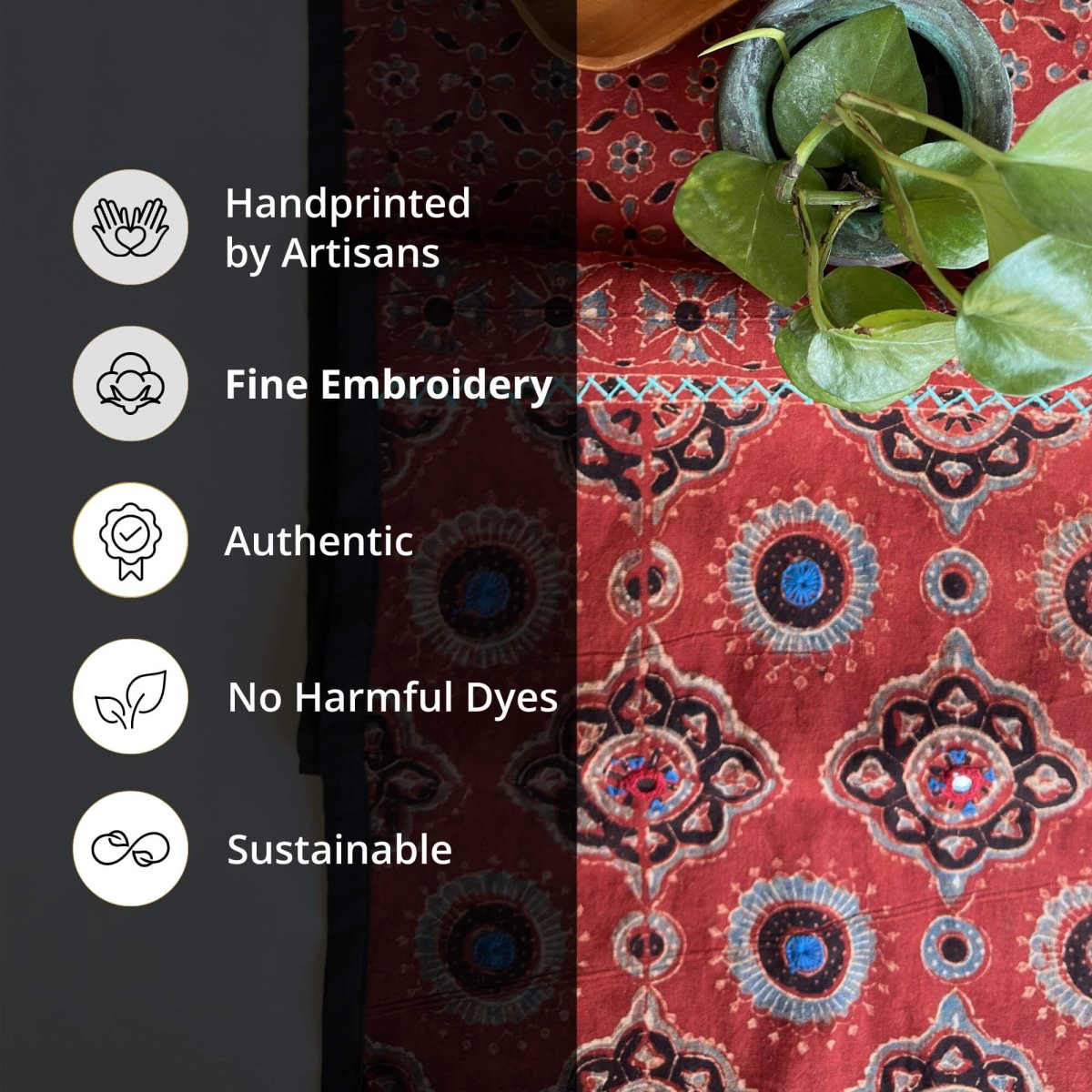 Blockprinted Cotton Dining Table Runner in Red & Black | 6 Seater