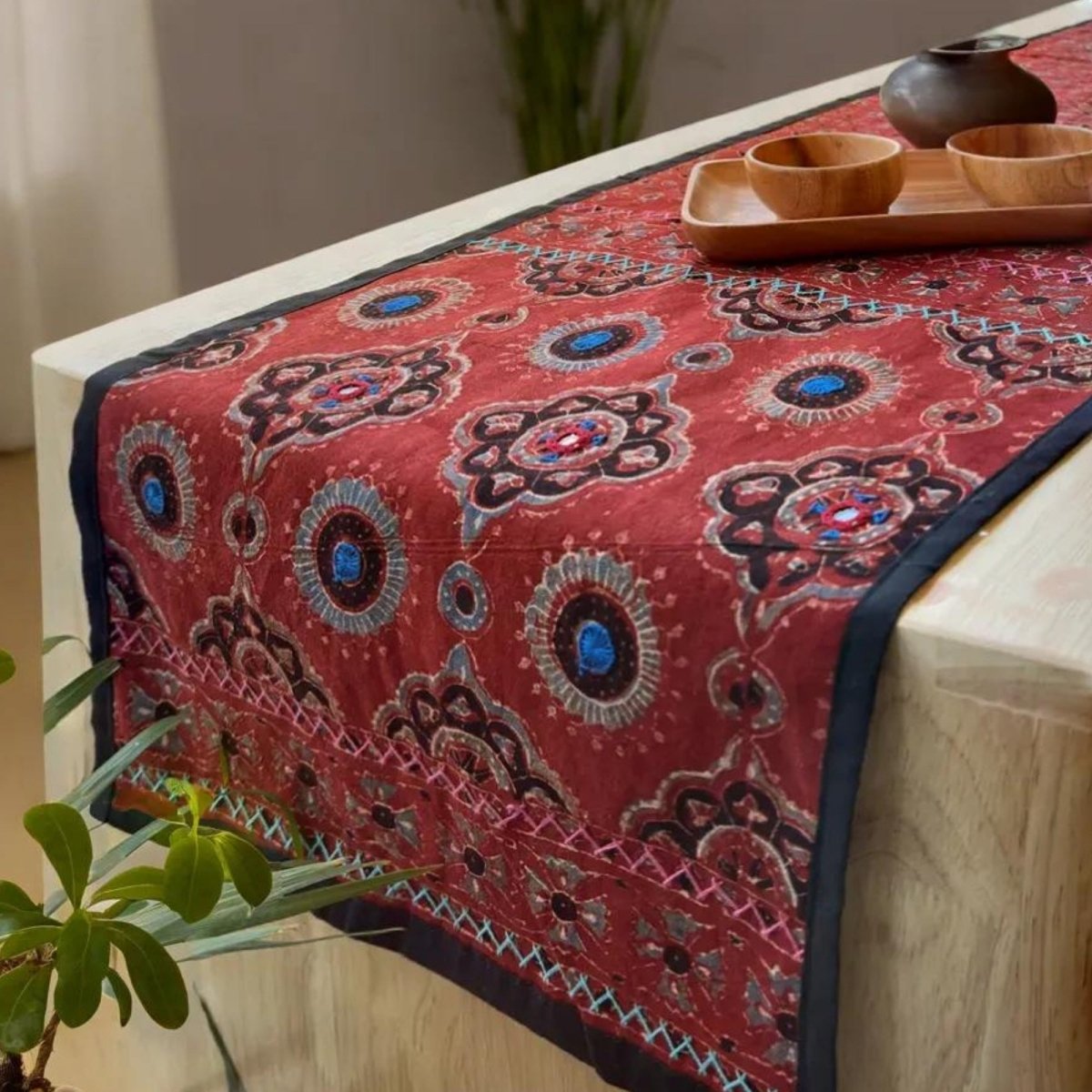Blockprinted Cotton Dining Table Runner in Red & Black | 6 Seater