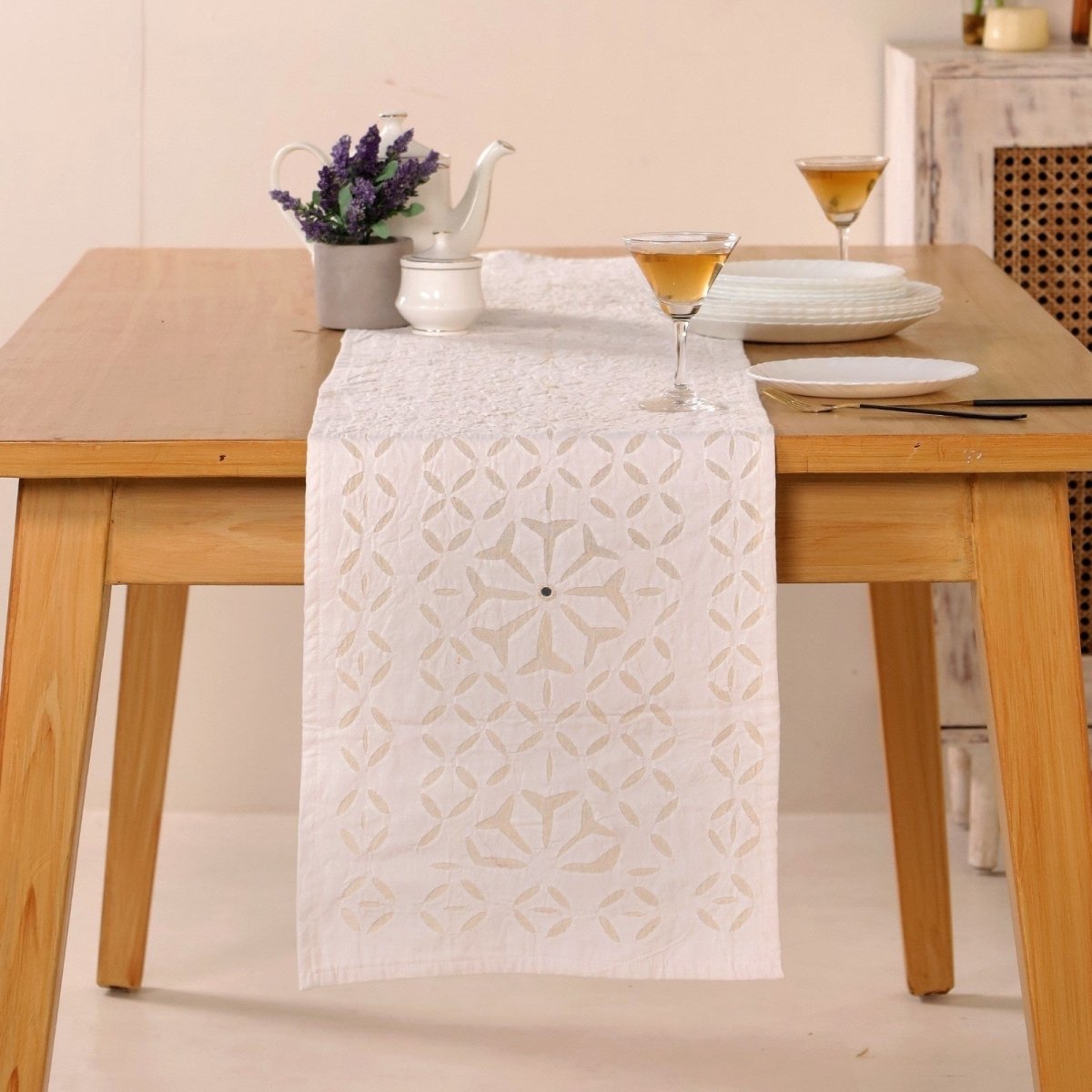 Dining Table Runner In Lily White Applique Cutwork Cotton With Mirrors | 6 Seater