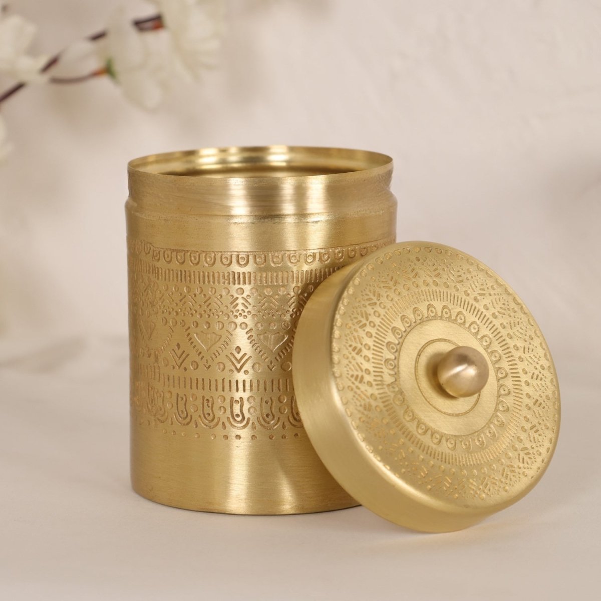 Two pure brass etched Kitchen Containers and Two Brass Coffee Dabara Sets. A premium gift for friends and family.
