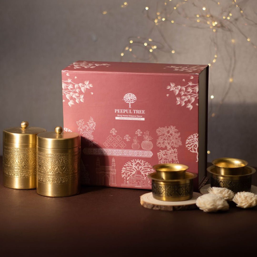 Two pure brass etched Kitchen Containers and Two Brass Coffee Dabara Sets. A premium gift for friends and family.