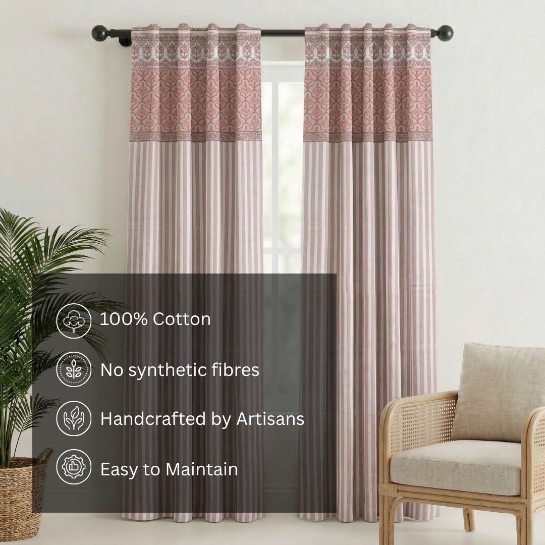 Door Curtain in Dusty Pink and Off white in Pure Cotton with Ornate florals and Bold Stripes | 7 Feet | Semi Blackout with 70% light blocking