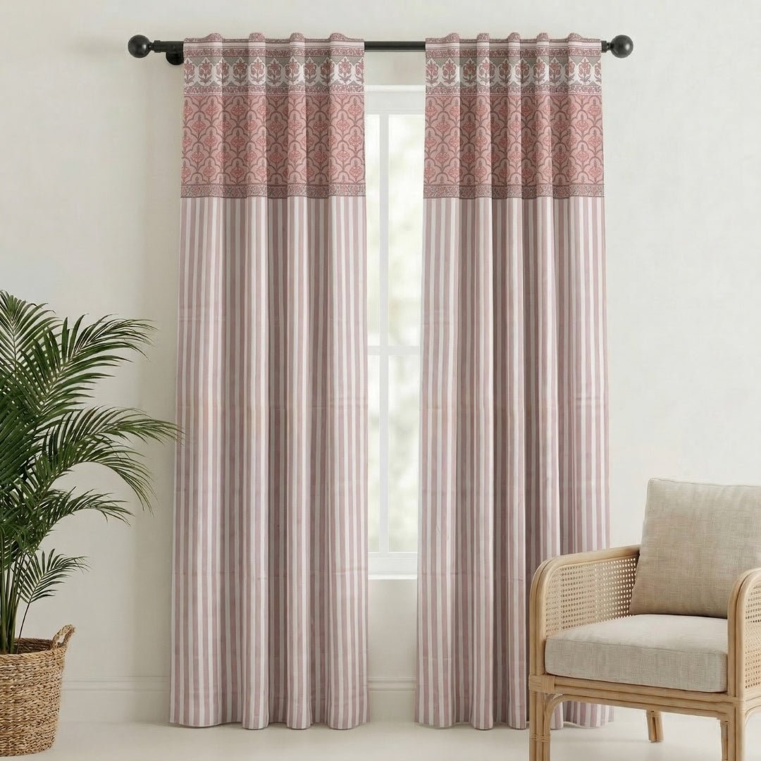 Door Curtain in Dusty Pink and Off white in Pure Cotton with Ornate florals and Bold Stripes | 7 Feet | Semi Blackout with 70% light blocking