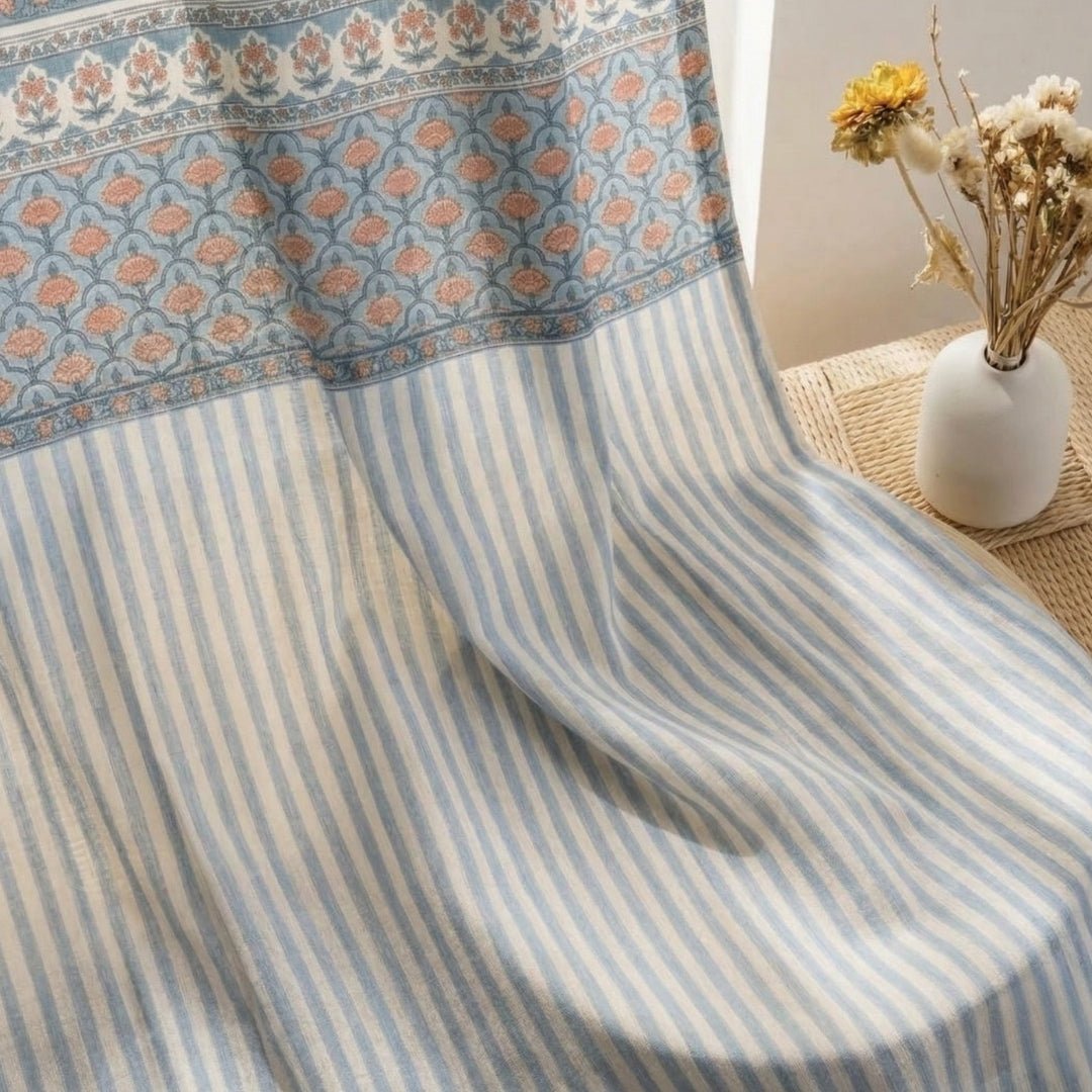 Pure Cotton Curtains in soft blue colours, available in 7ft.