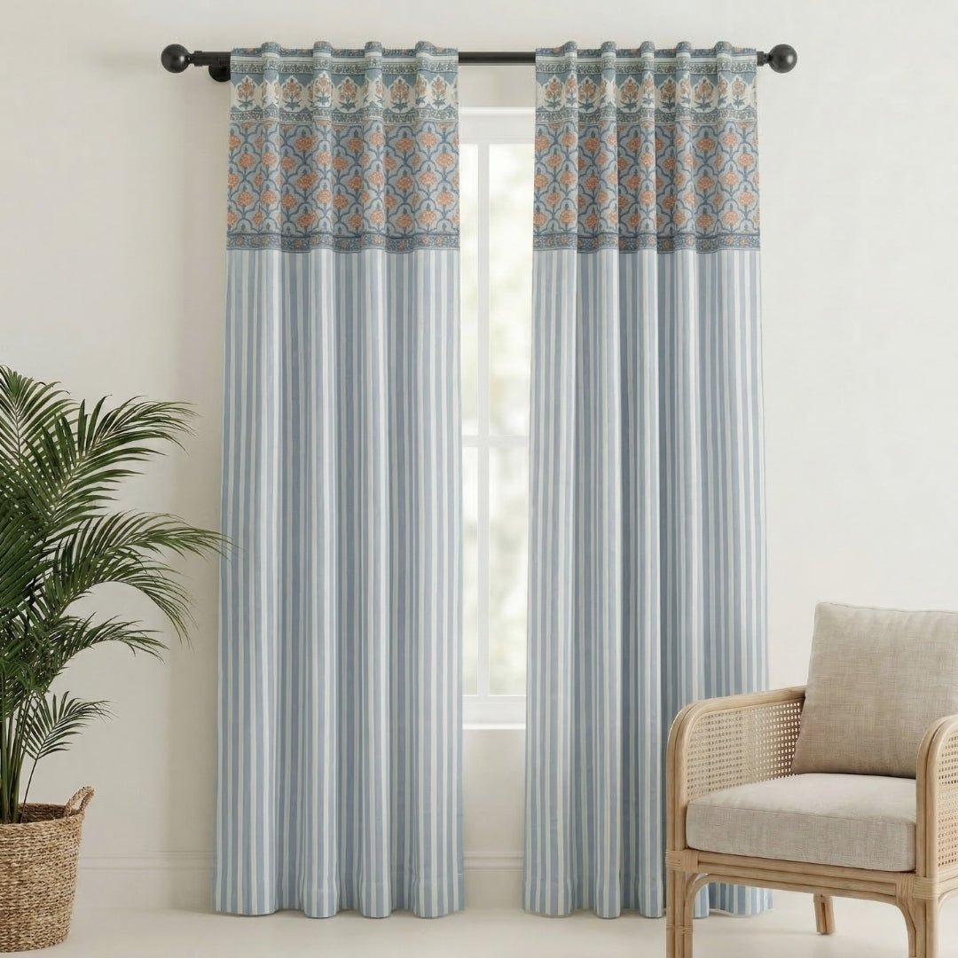 Pure Cotton Curtains in soft blue colours, available in 7ft.