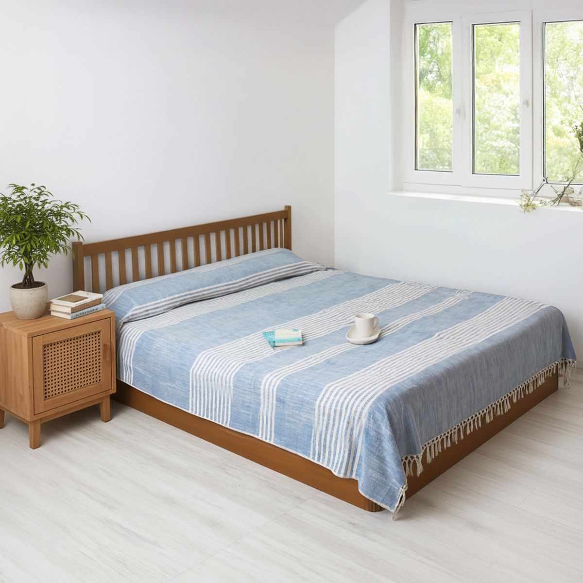 Blue and Off-white Cotton Handwoven Double Bed cover | Queen Size | Striped