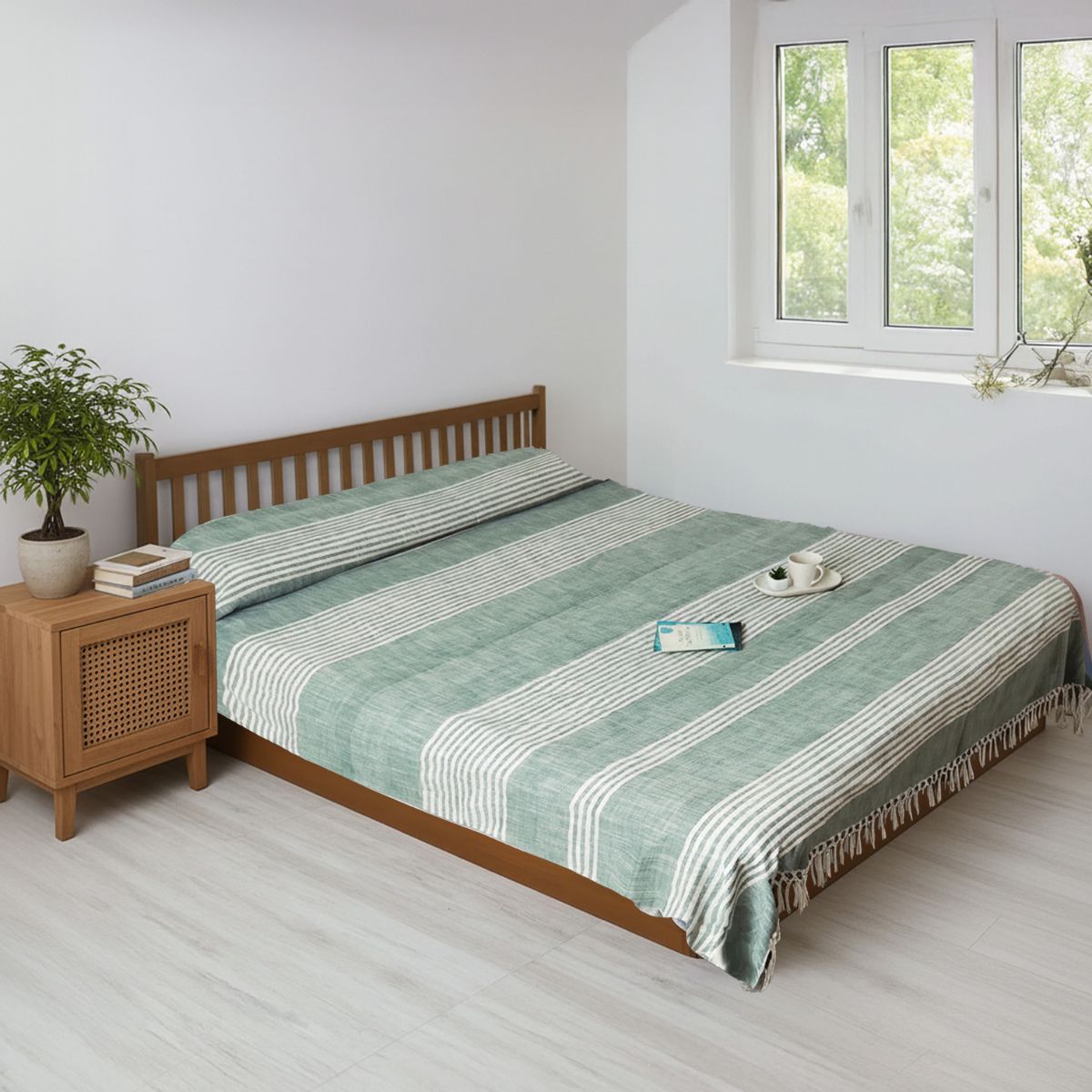 Green and Off-white Cotton Handwoven Double Bed cover | Queen Size | Striped