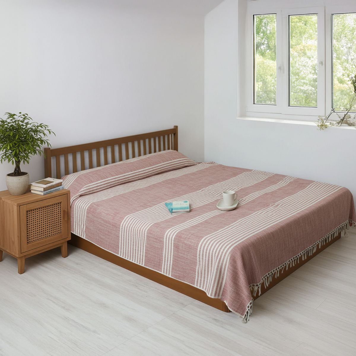 Pink and Off-white Cotton Handwoven Double Bed cover | Queen Size | Striped