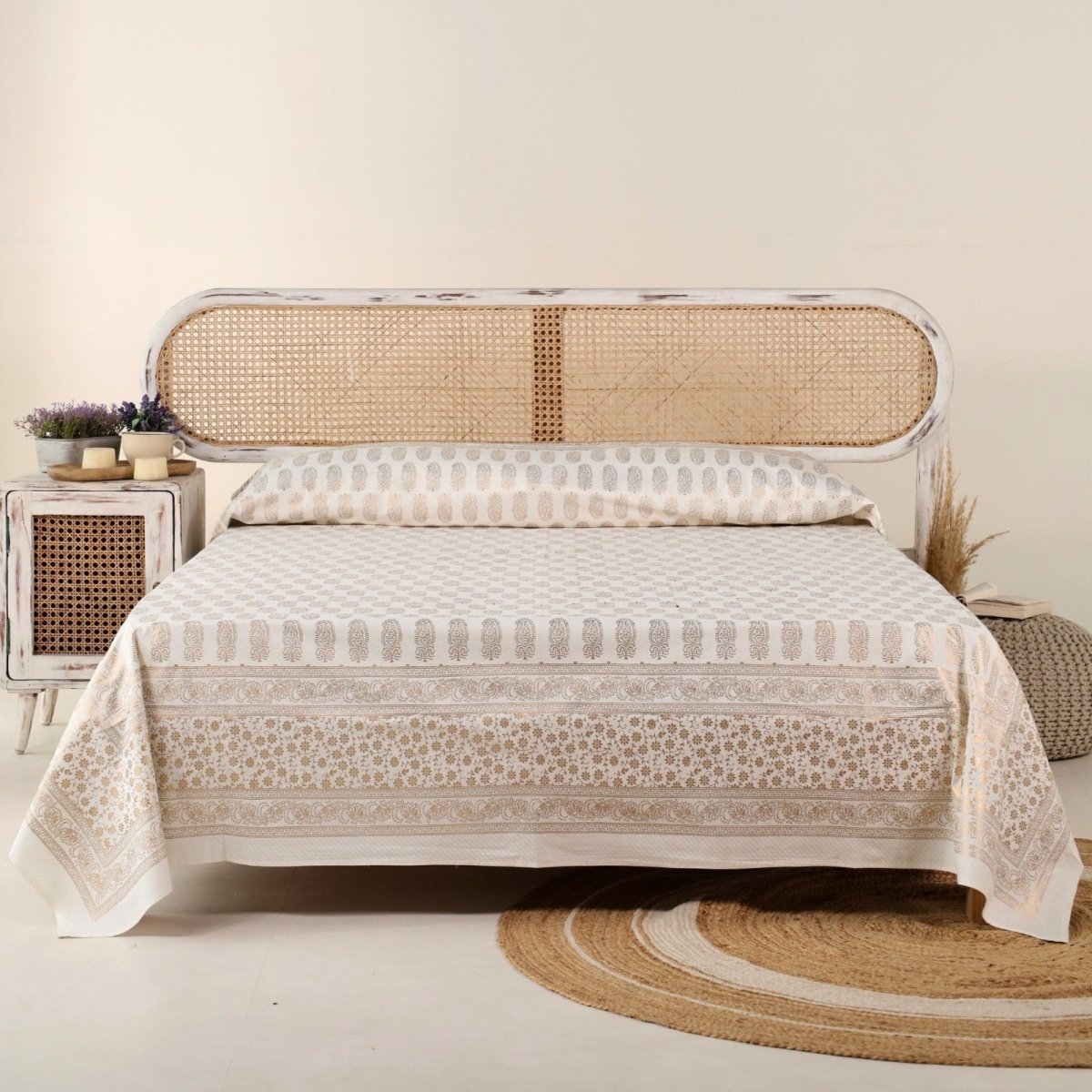 Gold & White Green Pure Cotton Bedcover | King Size | Handprinted