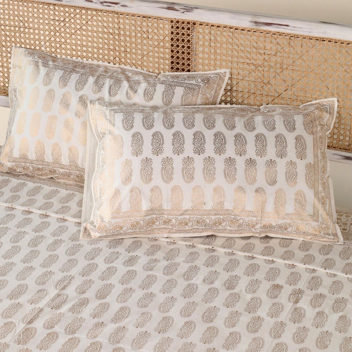 Gold & White Green Pure Cotton Bedcover | King Size | Handprinted