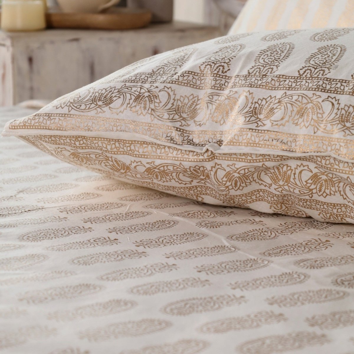 Gold & White Green Pure Cotton Bedcover | King Size | Handprinted