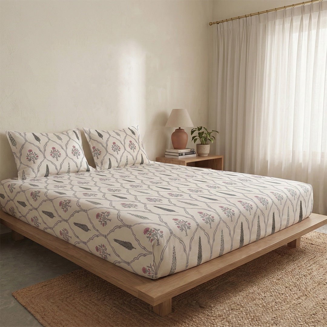 Cypress Pink Pure Cotton Double Bedsheet | Queen Size | Handprinted
