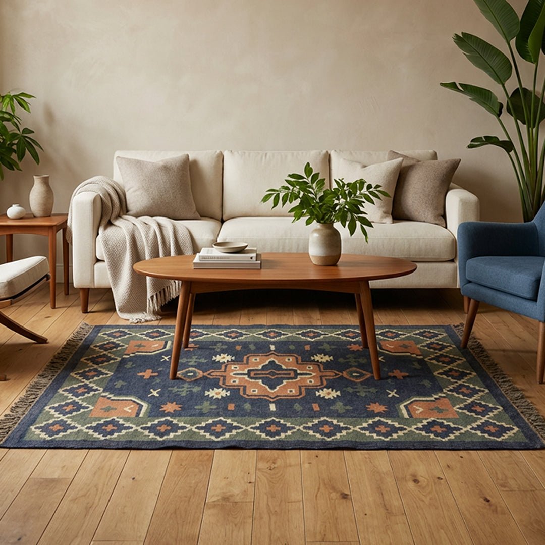 Floor Rug Handwoven with Jute and Wool in Blue Colour| 4 by 6 ft | Geometric Pattern | Durable Handmade Rug