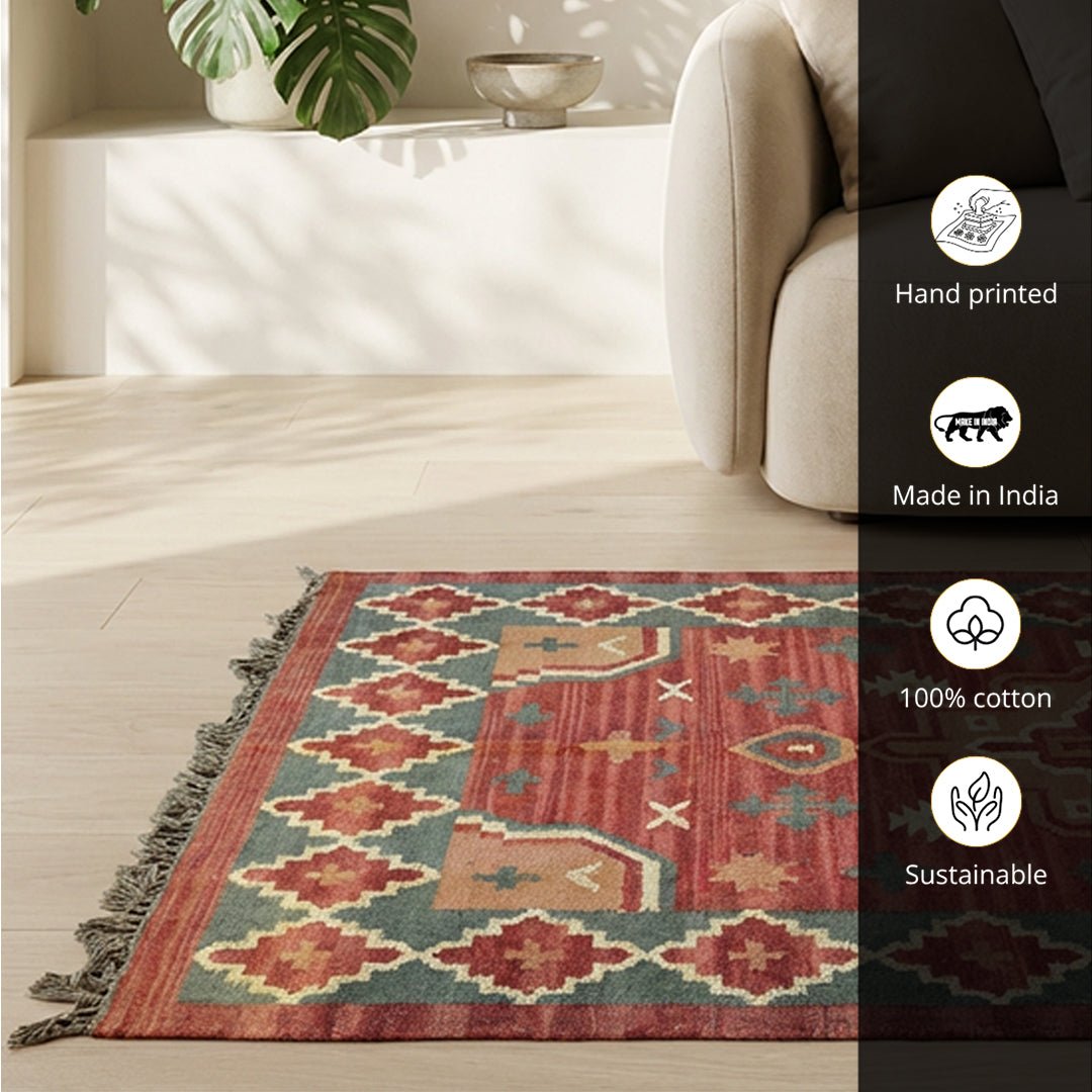 Floor Rug Handwoven with Jute and Wool in Maroon Colour| 4 by 6 ft | Geometric Pattern | Durable Handmade Rug