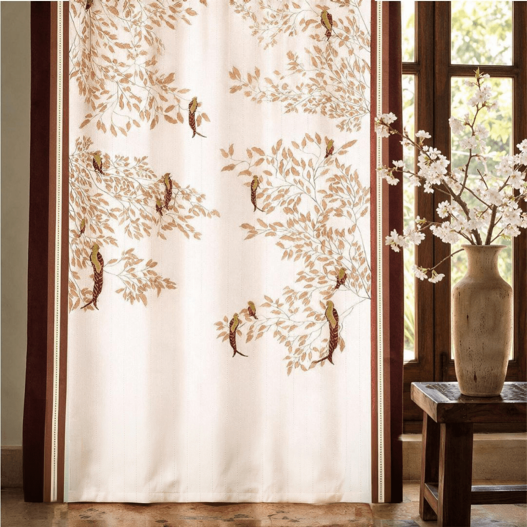Gond Art Inspired Curtains 7 Feet | Rust and White Enchanted Forest | 60 - 65% Room Darkening | Cotton Blend | Machine Washable
