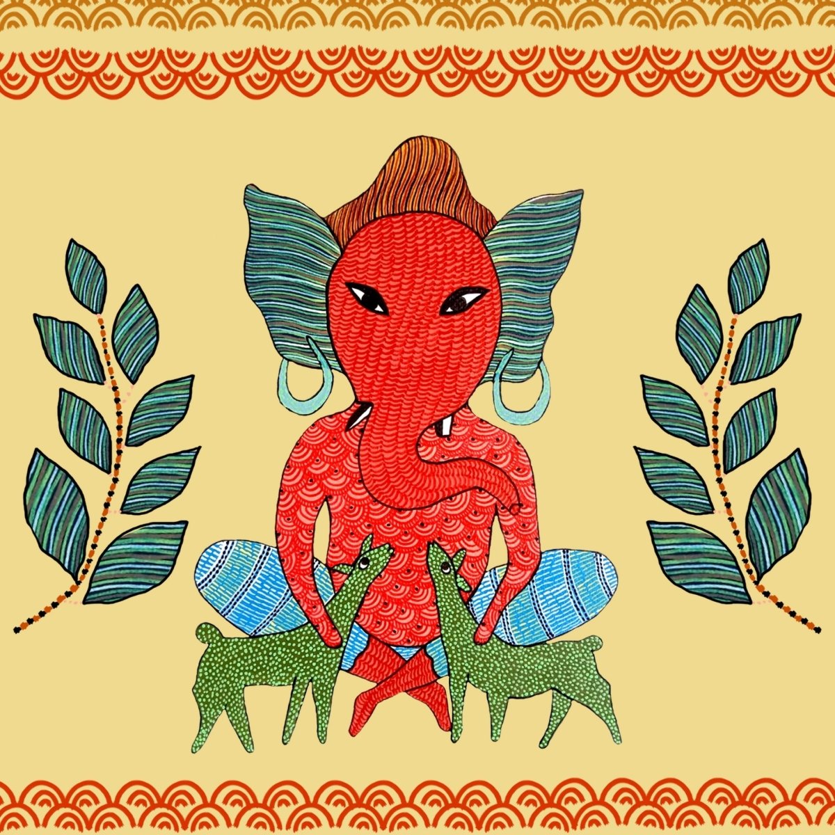 Gond Wall Art Painting Of Forest Ganesha | Indian Wall Art