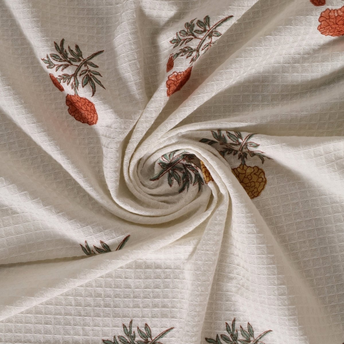 Hand Block-Printed Marigold Hand & Bath Towel Set | Waffle Cotton