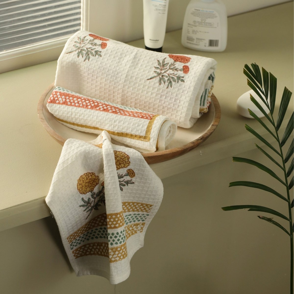 Hand Block-Printed Marigold Hand & Bath Towel Set | Waffle Cotton