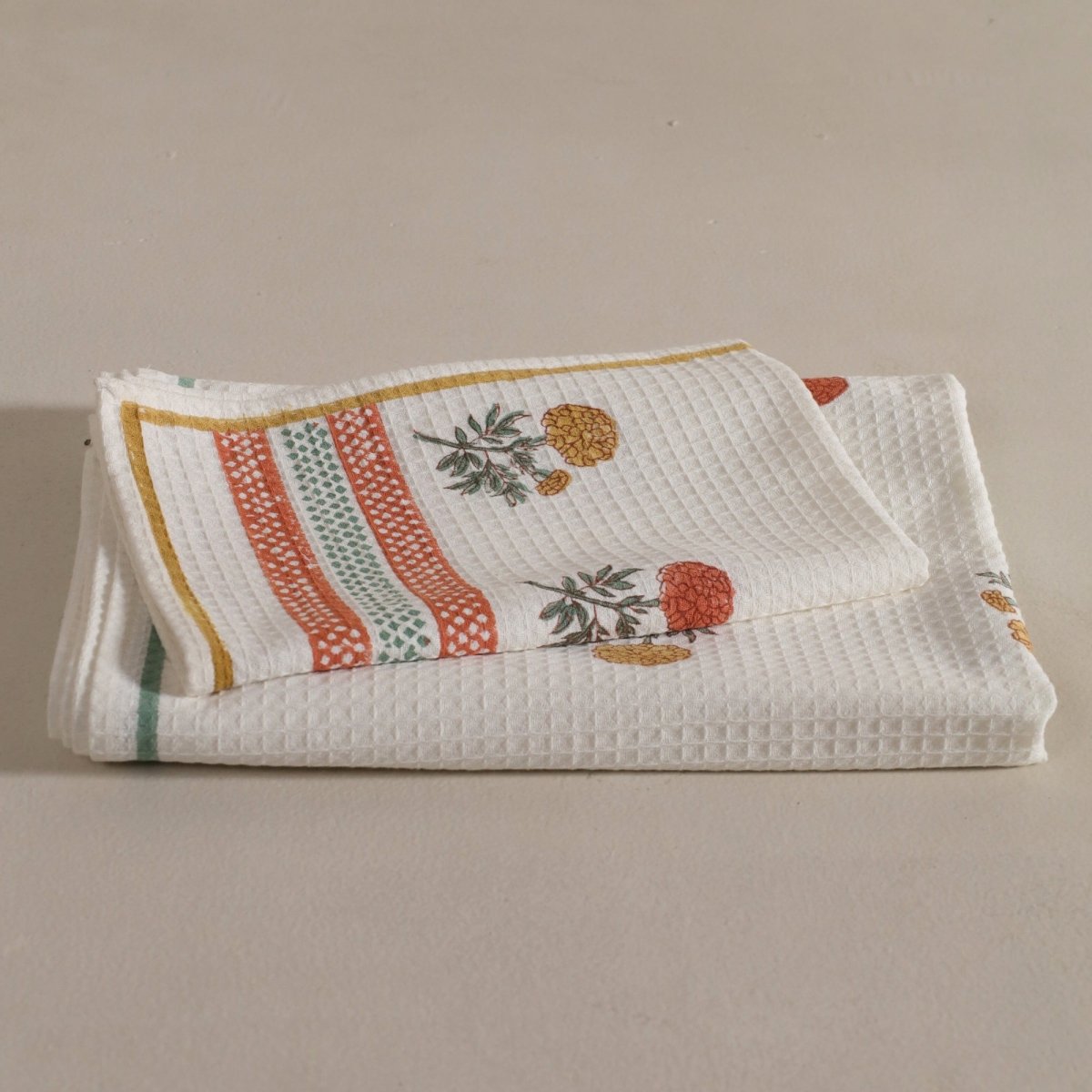 Hand Block-Printed Marigold Hand & Bath Towel Set | Waffle Cotton