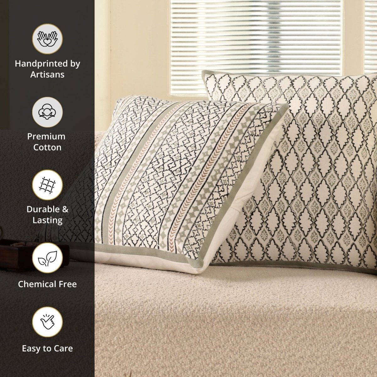 Aqua and Off White Pure Cotton Cushion Cover | 18x18 in | Set of 1,2 and 4 | Block Printed