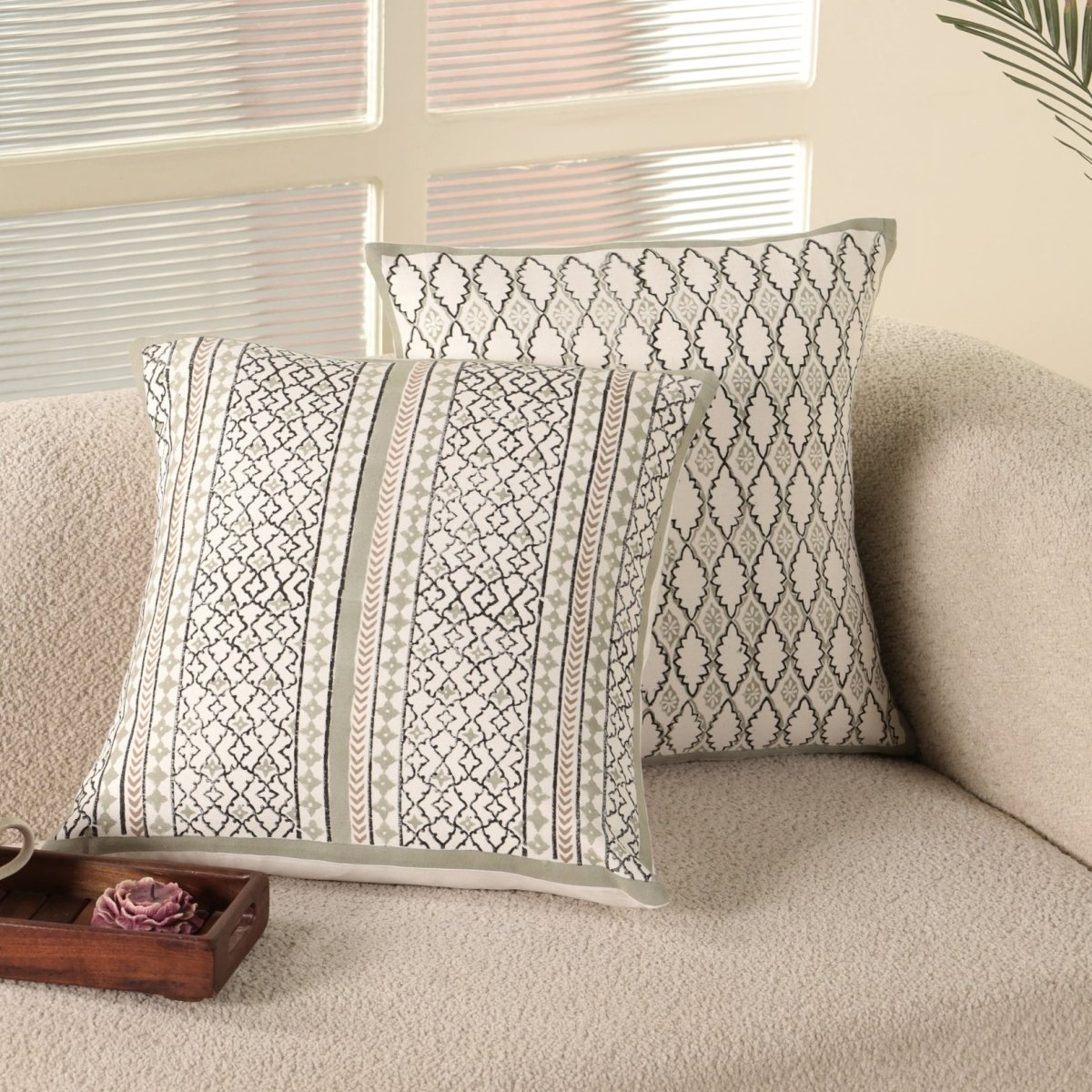 Aqua and Off White Pure Cotton Cushion Cover | 18x18 in | Set of 1,2 and 4 | Block Printed