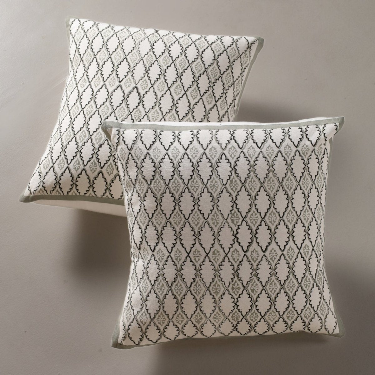 Aqua and Off White Pure Cotton Cushion Cover | 18x18 in | Set of 1,2 and 4 | Block Printed