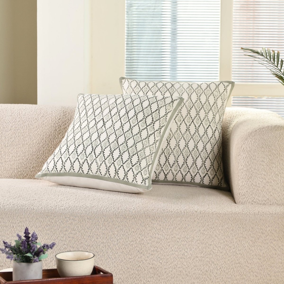 Aqua and Off White Pure Cotton Cushion Cover | 18x18 in | Set of 1,2 and 4 | Block Printed