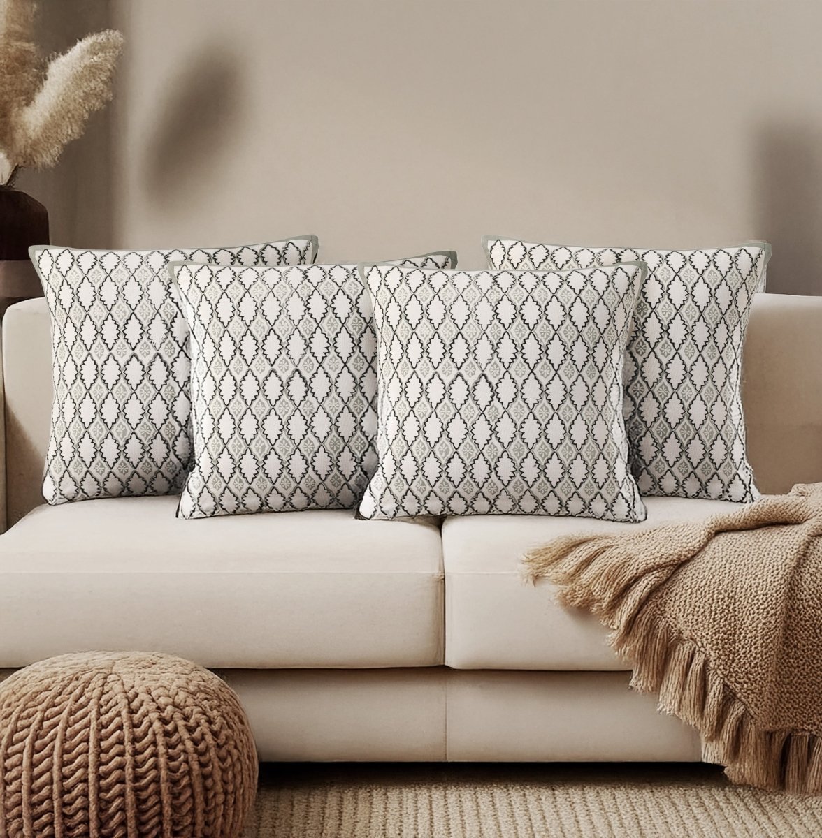 Aqua and Off White Pure Cotton Cushion Cover | 18x18 in | Set of 1,2 and 4 | Block Printed