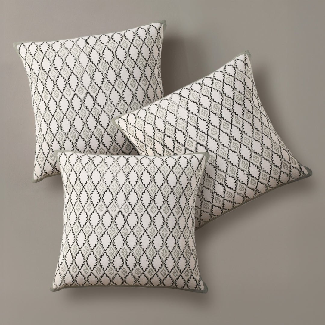 Aqua and Off White Pure Cotton Cushion Cover | 18x18 in | Set of 1,2 and 4 | Block Printed