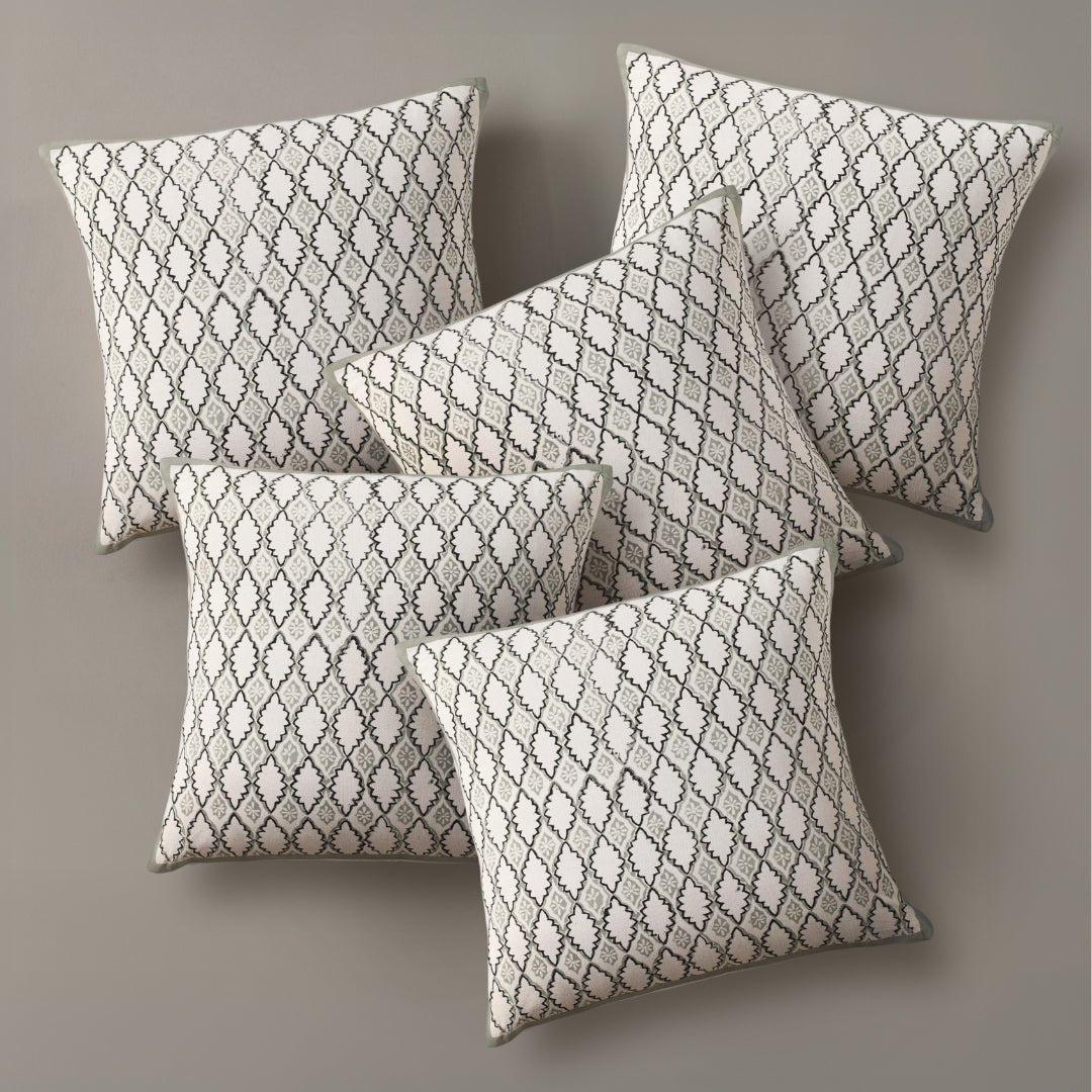 Aqua and Off White Pure Cotton Cushion Cover | 18x18 in | Set of 1,2 and 4 | Block Printed