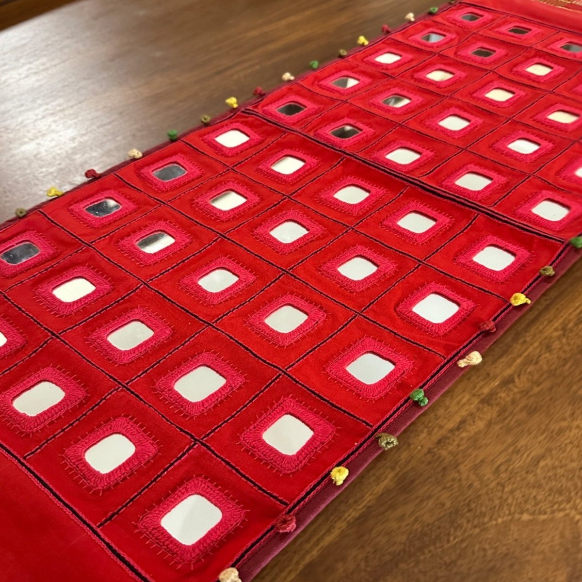 Hand Embroidered Table Runner in Scarlet Red | Mirror Work