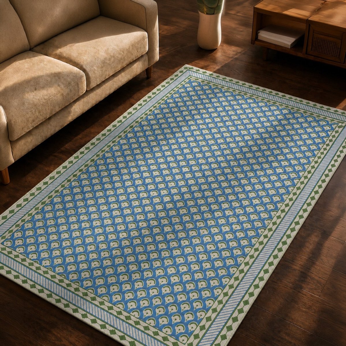 Hand Printed Cotton Floor Rug 3 x 5 Ft | Blue and Green Area Rug for Living Room and Bedroom