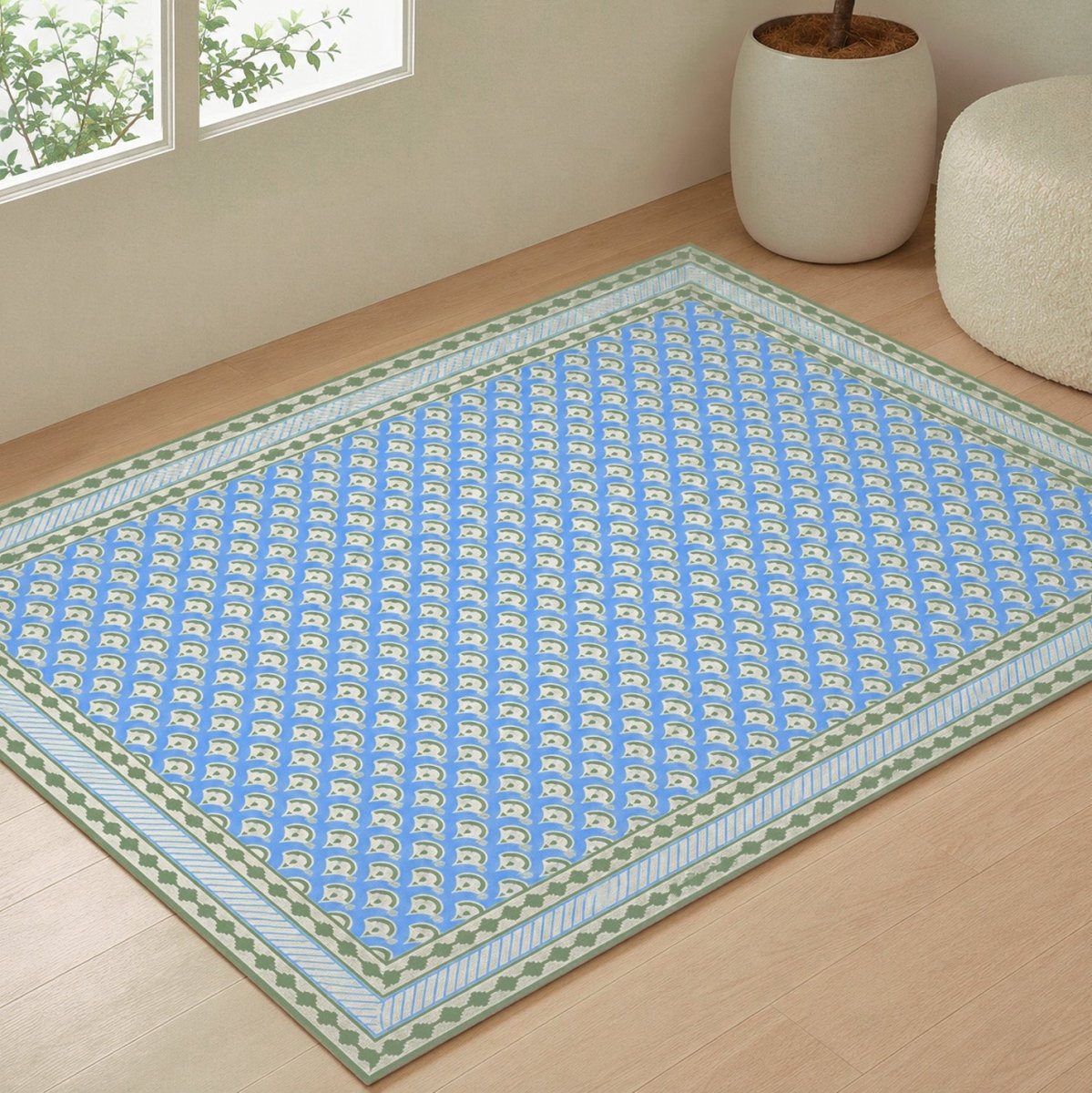 Cotton Floor Rug 3 x 5 Ft Hand Printed in Blue and Green for Living Room and Bedroom